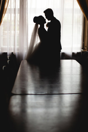 silhouette of a wedding couple in love near the window