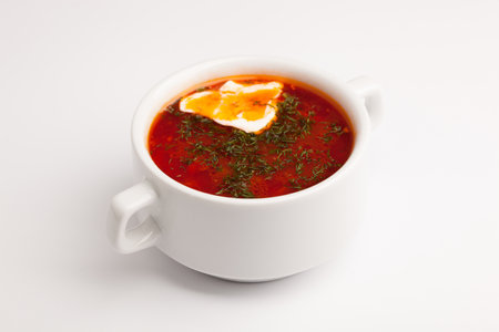 beautiful photo close-up menu of fresh delicious Ukrainian borsch
