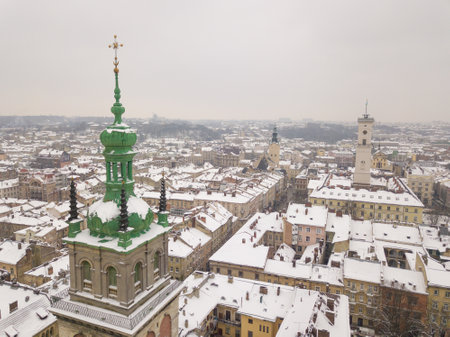 Ukraine, Lviv city center, old architecture, drone photo, bird's eye view in winterの写真素材