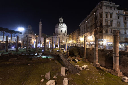 Rome, Italy, ruins of the old city at night with backlightの写真素材