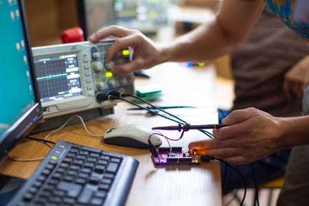 engineers work with electrical measuring devices