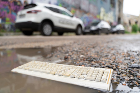 old broken computer keyboard, thrown into the trash lying on the road in a puddle