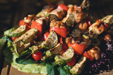 delicious and fragrant skewers grilled for barbecue with vegetablesの写真素材
