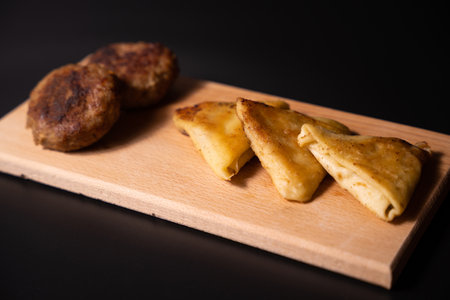 pancakes with meat and cutletsの写真素材
