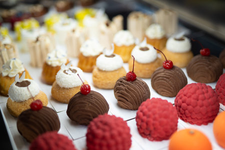 various delicious sweet pastries in the shop window