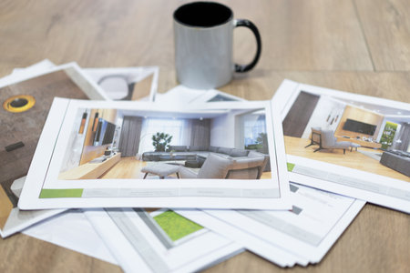 printed photo drawings of interior projects on the table and a mug of teaの写真素材