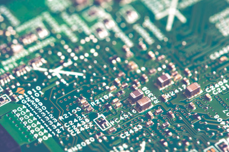 Close up of electronic components on the motherboard, microprocessor chip