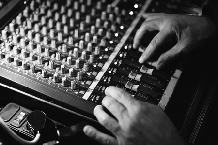 the sound engineer works at the mixing console mixing the musical composition on the recording