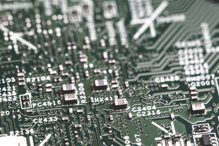 Close up of electronic components on the motherboard, microprocessor chip