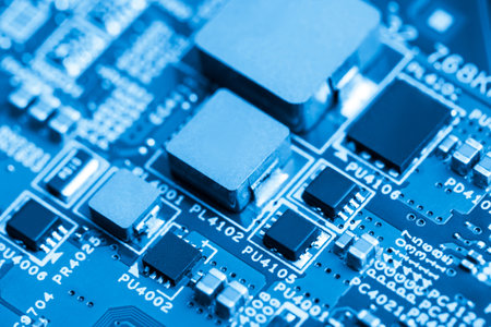 Close up of electronic components on the motherboard, microprocessor chip
