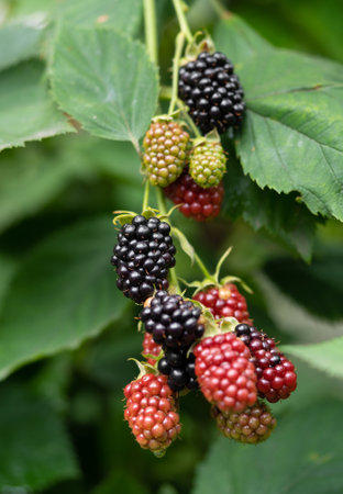 delicious and juicy blackberry fruits on a bush in the gardenの写真素材