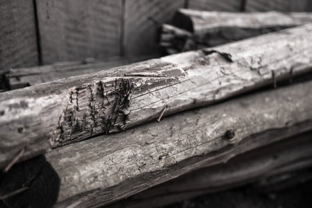 black and white photo of old wooden boards stacked in the backyardの写真素材