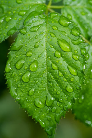 beautiful droplets after rain on a green leaf