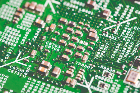 Close up of electronic components on the motherboard, microprocessor chip
