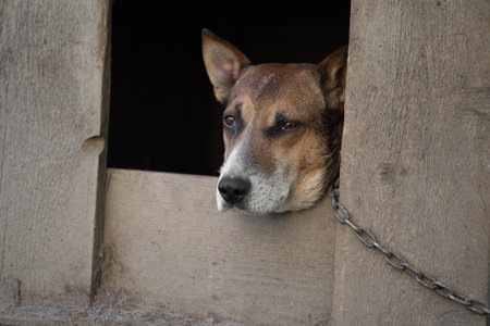 A lonely and sad guard dog on a chain near a dog house outdoorsの写真素材