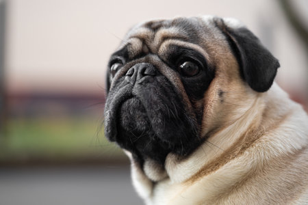 close-up portrait of a pug dog's face on the streetの写真素材