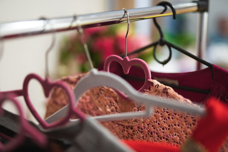 Many different colored women's clothes on hangers in a storeの写真素材