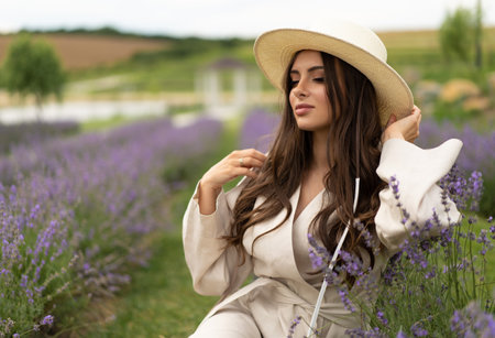 a beautiful girl with long hair and wearing a hat poses outdoors in a field of lavenderの写真素材