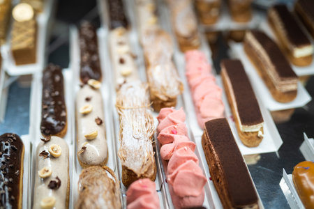 various delicious sweet pastries in the shop window