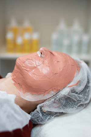 close-up of a plaster face mask at a beauticianの写真素材