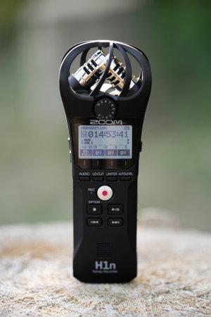 LVIV, UKRAINE - SEPTEMBER 8, 2023: Digital voice recorder ZOOM H1n on outdoors