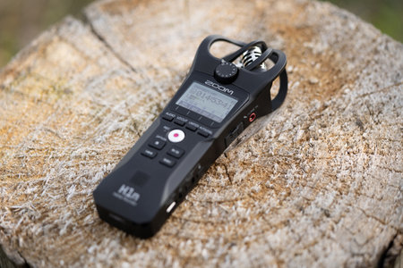 LVIV, UKRAINE - SEPTEMBER 8, 2023: Digital voice recorder ZOOM H1n on outdoorsのeditorial素材
