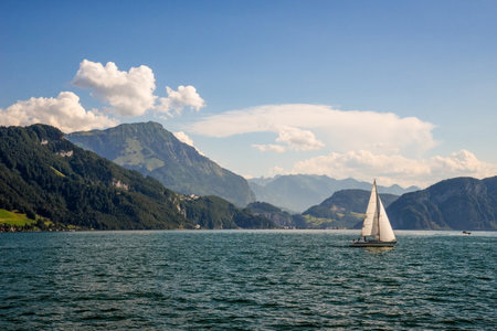beautiful landscape of the lake against the background of mountains in Switzerlandの写真素材