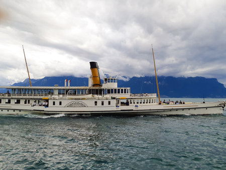 a beautiful ship is sailing in the blue seaの写真素材