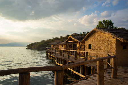 mud houses bungalow on the shore of the lakeの写真素材