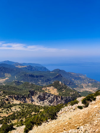 beautiful landscape of the sea against the background of mountainsの写真素材