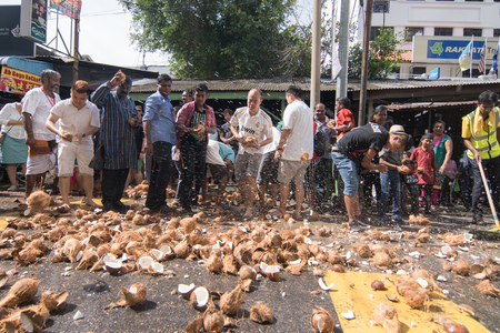 GEORGETOWN, PENANG/MALAYSIA ?? CIRCA FEB 2017: Coconut smashed by devotees on the ground during Thaipusam festival.のeditorial素材