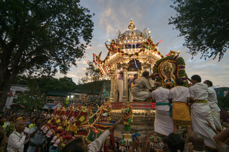 GEORGETOWN, PENANG/MALAYSIA ?? CIRCA FEB 2017: Devotees move the statue lord Murugan into silver chariot during Thaipusam festival.のeditorial素材