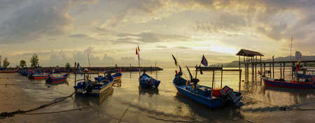 George Town, Penang/Malaysia - Mar 26 2017: Panorama view fishing boat at jetty.のeditorial素材