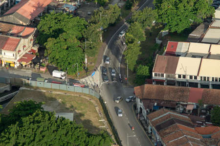 George Town, Penang/Malaysia - Jun 18 2017: Drone view green tree near the heritage house.のeditorial素材