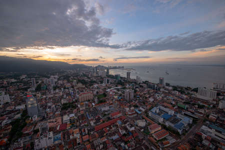 George Town, Penang/Malaysia - Jun 18 2017: Aerial view Georgetown with shops, old houses, apartment during sunset.のeditorial素材