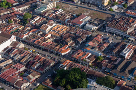 George Town, Penang/Malaysia - Jun 25 2017: Drone view the old heritage Georgetown building.のeditorial素材