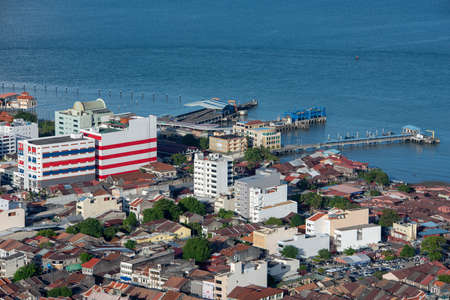George Town, Penang/Malaysia - Jun 25 2017: Aerial view old heritage house near the sea.のeditorial素材