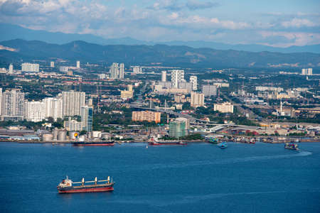 George Town, Penang/Malaysia - Jun 25 2017: Aerial view ship move at the sea of Penang.のeditorial素材