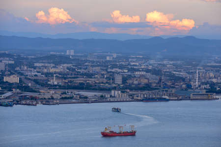 George Town, Penang/Malaysia - Jun 25 2017: Aerial view ferry and ship sail at Straits of Malacca near Penang.のeditorial素材