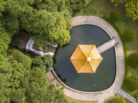 Aerial view look down pavilion over the green surrounding at Kek Lok Si, Penang.の写真素材