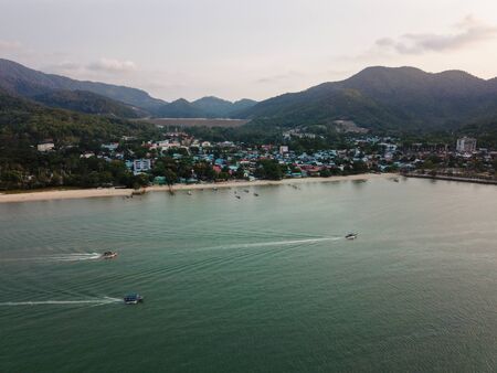 Drove view fishing boats move at Teluk Bahang.の写真素材
