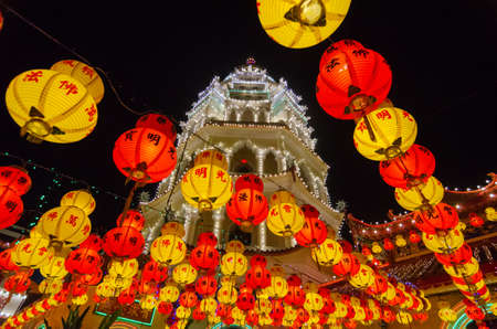 Georgetown, Penang/Malaysia - Feb 20 2020: Kek Lok Si temple pagoda at night decorated with lantern.のeditorial素材
