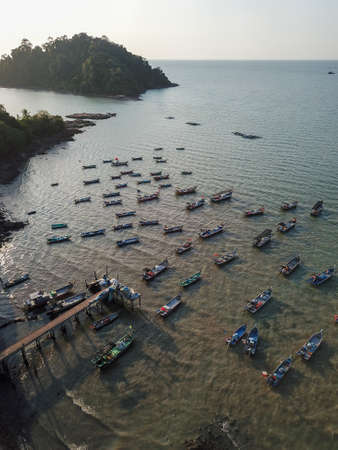 Pulau Ssyak, Kedah/Malaysia - Feb 26 2020: Aerial view beautiful jetty with fishing boat.
