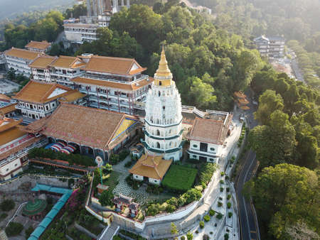 Georgetown, Penang/Malaysia - Feb 28 2020: Aerial view Pagoda in sunny evening.