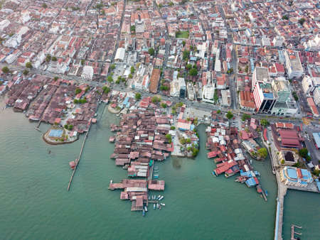 Georgetown, Penang/Malaysia - Feb 28 2020: Aerial view wooden house clan jetty built at sea at Pulau Pinang.のeditorial素材