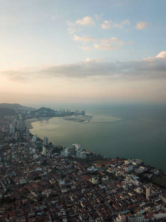 Georgetown, Penang/Malaysia - Feb 28 2020: Aerial view Georgetown old heritage house with background reclamation land Gurney Wharf.のeditorial素材