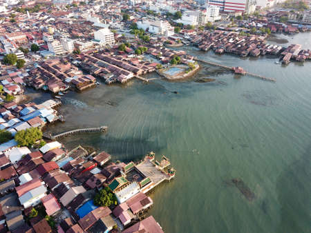 Georgetown, Penang/Malaysia - Feb 29 2020: Wooden house built on stilt at clan jetty.のeditorial素材