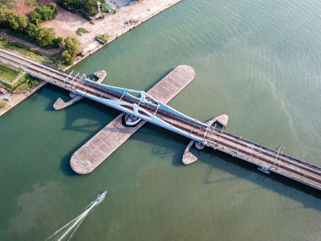 Perai, Penang/Malaysia - Mar 02 2020: Aerial view boat move at Prai River Swing Bridge.のeditorial素材
