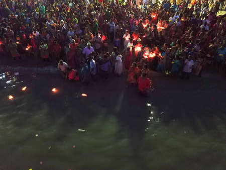 Teluk Bahang, Penang/Malaysia - Mar 08 2020: Hindu devotees release lamp to sea during Masi Magam...