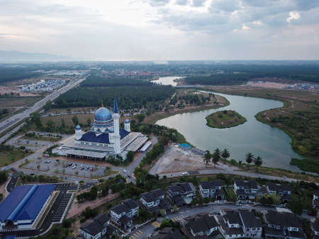 Kepala Batas, Penang/Malaysia - Mar 15 2020: Aerial view Abdullah Fahim Mosque in evening.のeditorial素材